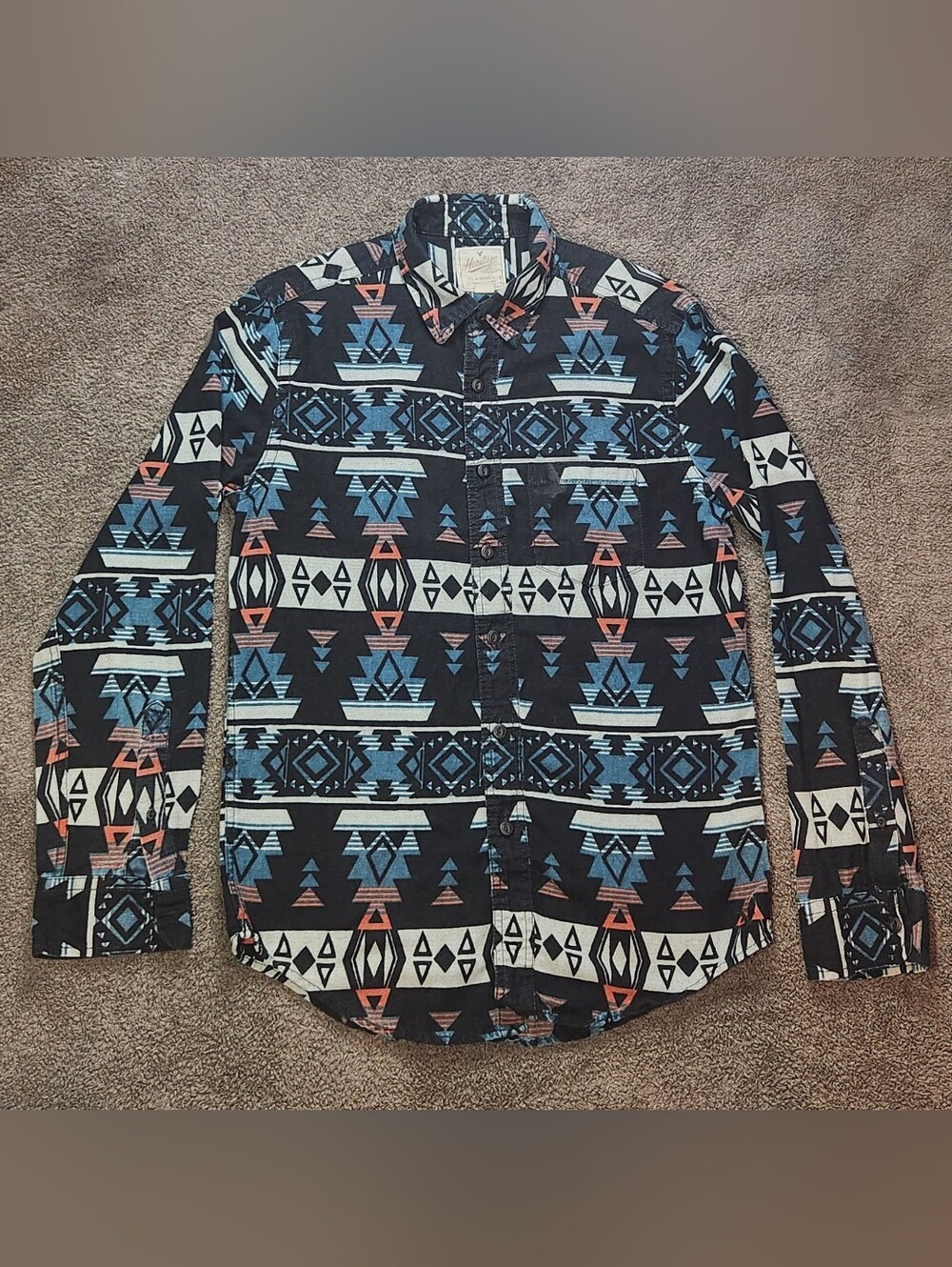 Black, Teal, Orange, White Geometric American Eagle Outfitters Flannel Shirt